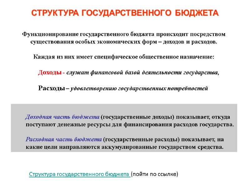 СТРУКТУРА ГОСУДАРСТВЕННОГО БЮДЖЕТА  Доходная часть бюджета (государственные доходы) показывает, откуда поступают денежные ресурсы